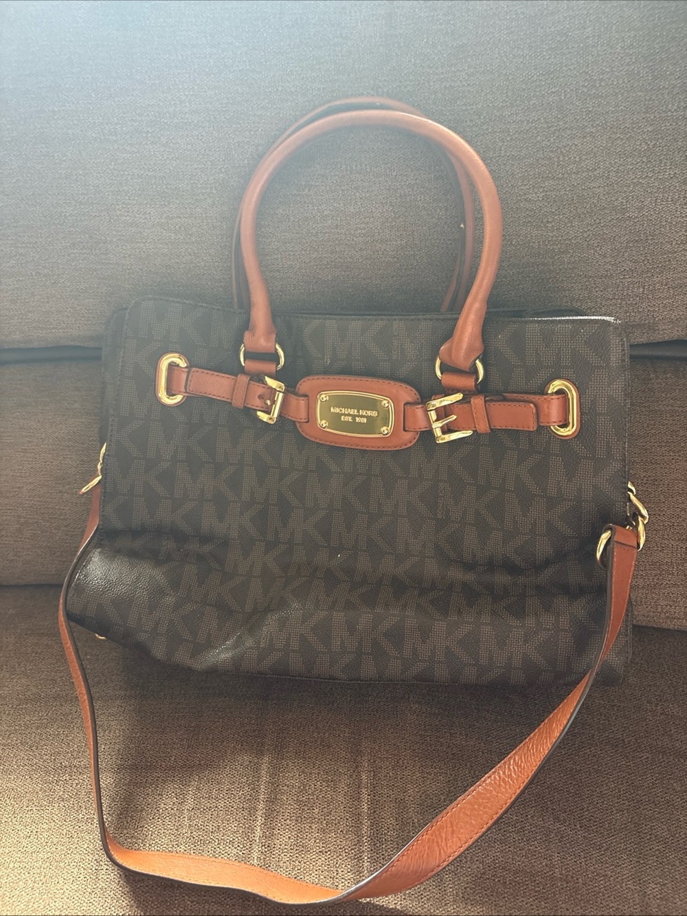 Michael Kors Hamilton Legacy Large Logo Satchel Bag Brown Acorn Gold MK Tote